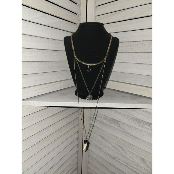 Jewelry - Bansri Boho Gold Tone Layered Elephant and Horn Pendant Necklace Etched Detail